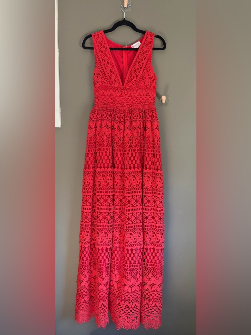 L'ATISTE Red Crochet Lace Gown